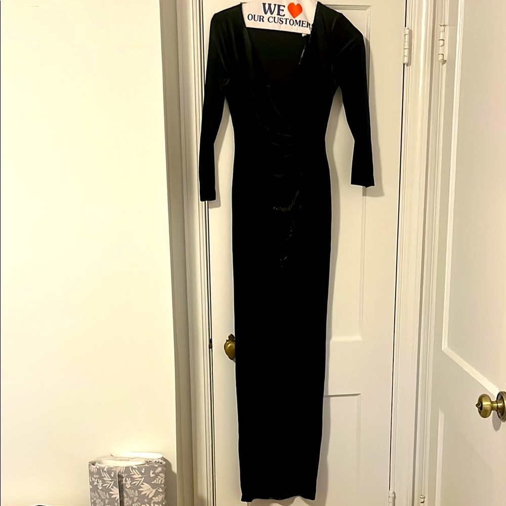 Velvet! Shimmer in this Black and Gold Evening Dress